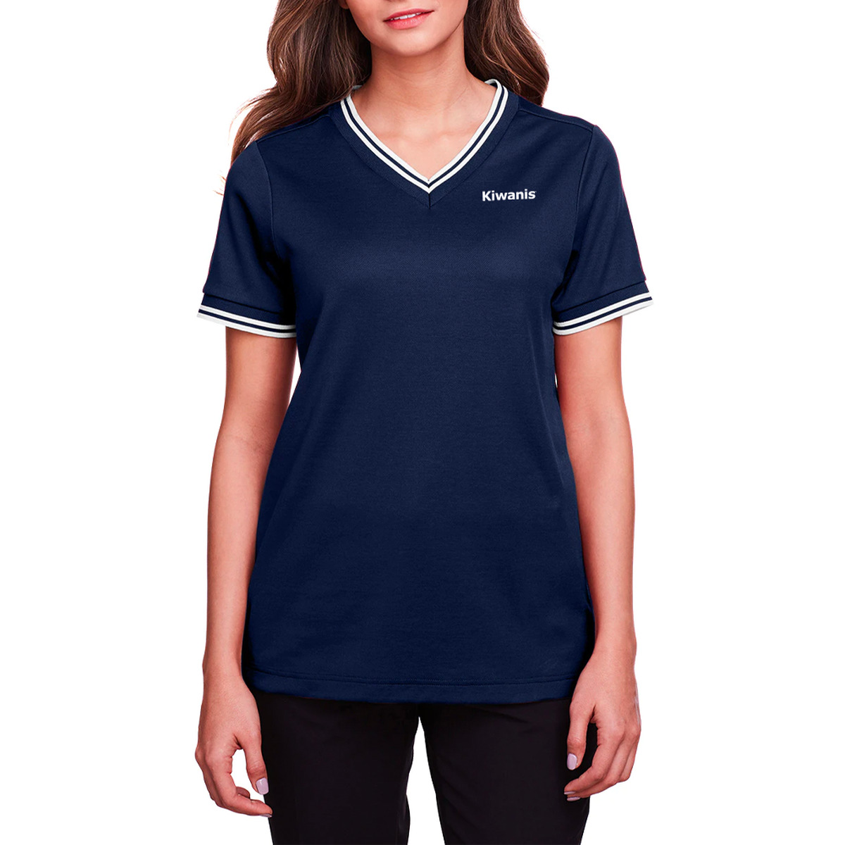 Devon &amp;amp; Jones Ladies Blue Crown Lux Performance Plated V Neck Polo